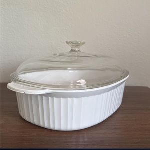 White Corningware casserole dish